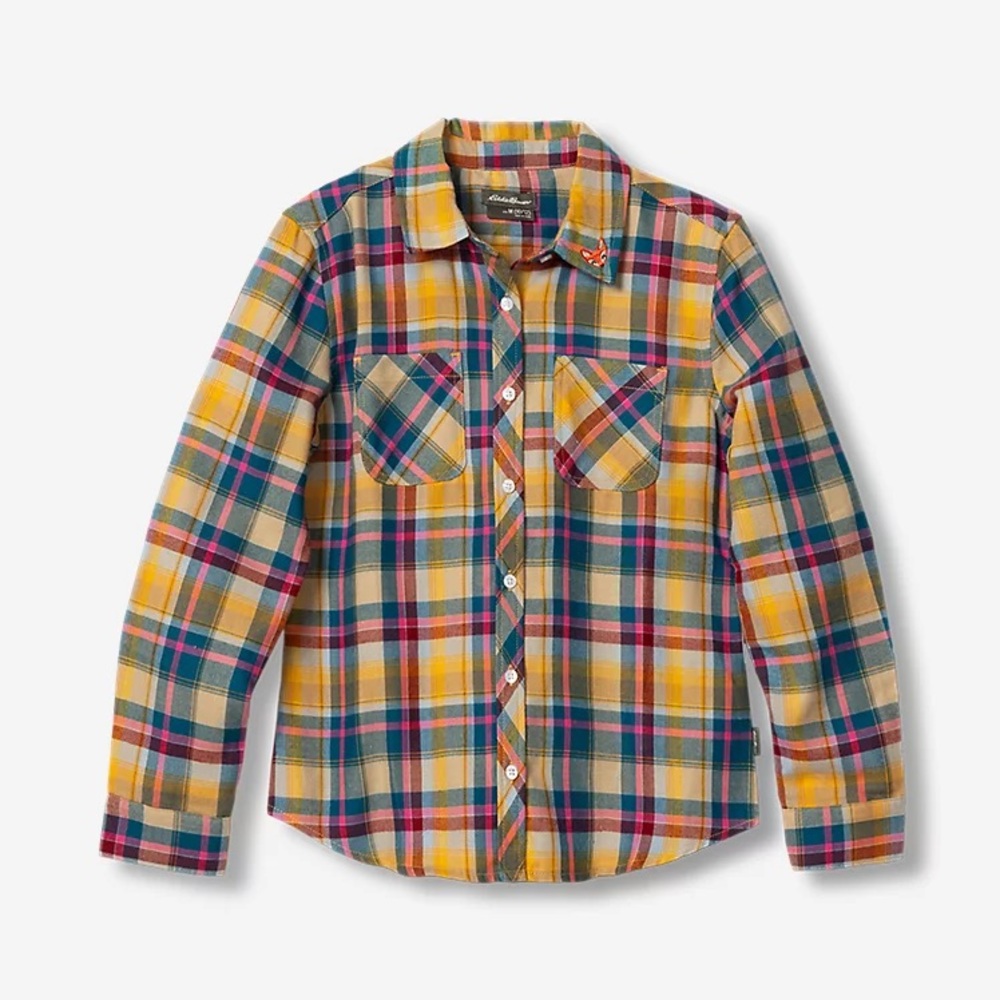 EDDIE BAUER Girls Yellow Plaid Flannel Shirt - Size M 10/12-Soft Button Up